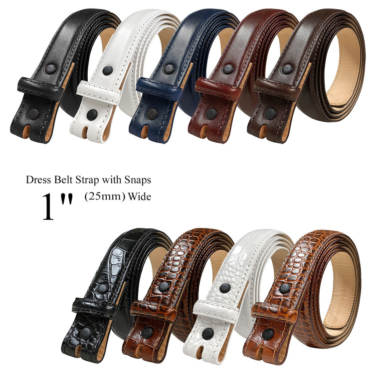 Genuine Full-Grain Cowhide Leather Dress Belt Strap with Snaps 1"(25mm) Wide