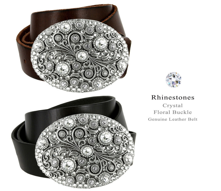 Timeless Tranquility Rhinestone Crystal Floral Buckle Genuine Full Grain Leather Belt 1-1/2"(38mm) Wide