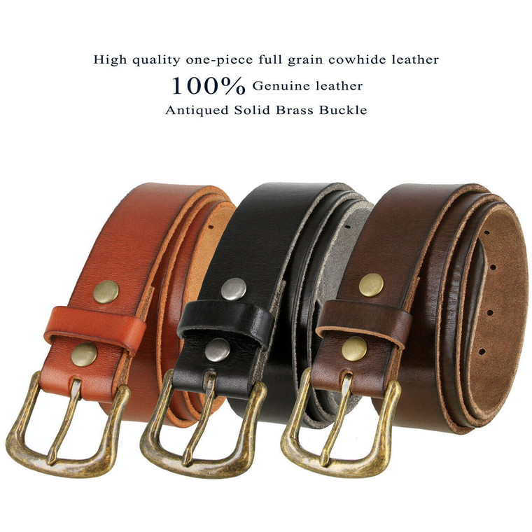 Solid Brass Vintage Buckle Genuine Full Grain Leather Casual Jean Belt 1-1/2"(38mm) Wide