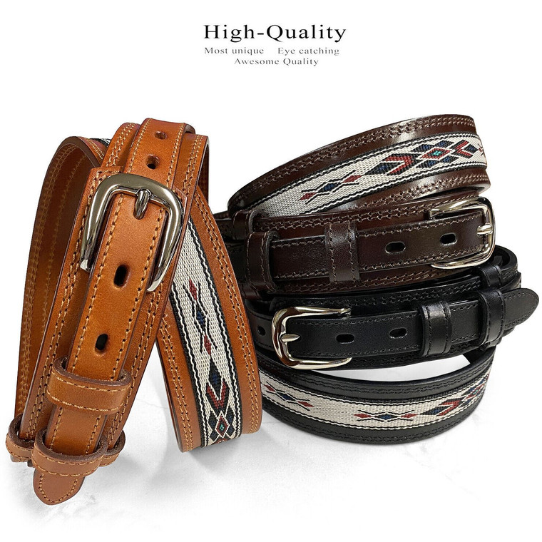 Genuine Full Grain Leather Southwestern Woven Diamond Pattern Cloth Ranger Belt