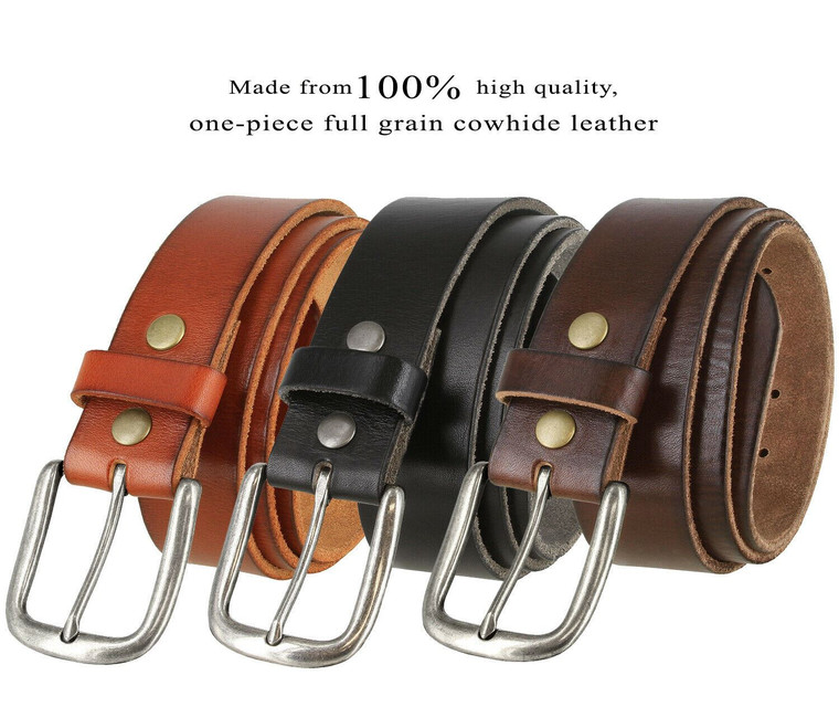 Antique Silver Classic Buckle Genuine Full Grain Leather Casual Jean Belt 1-1/2"(38mm) Wide