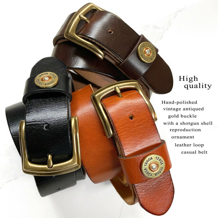 Shotgun Shell Concho Loop Genuine Full Grain Leather Casual Jean Belt 1-1/2"(38mm) Wide