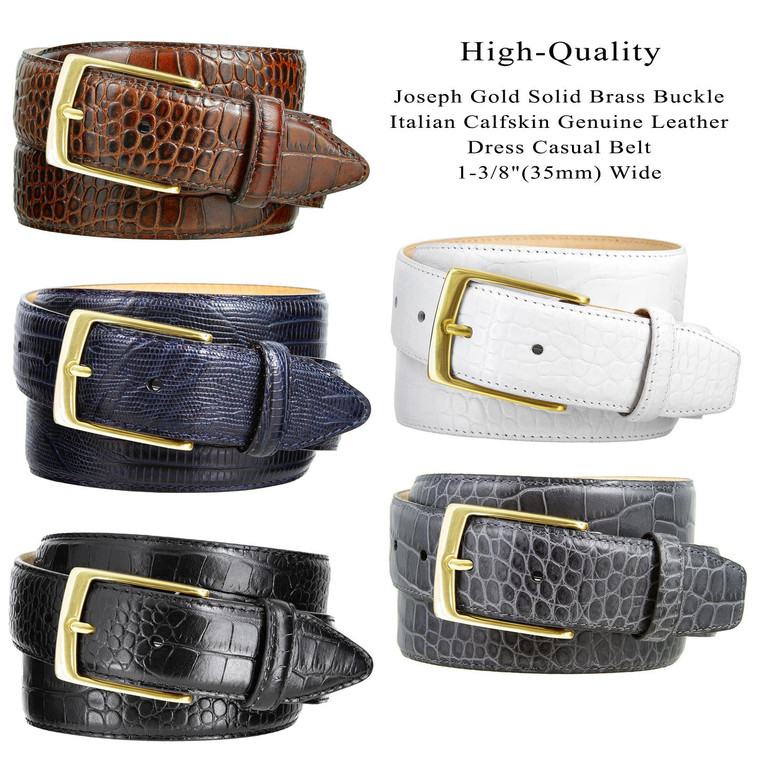 Joseph Gold Men's Dress Belt Solid Brass Buckle Genuine Full-Grain Cowhide Leather Belt 1-3/8"(35) Wide