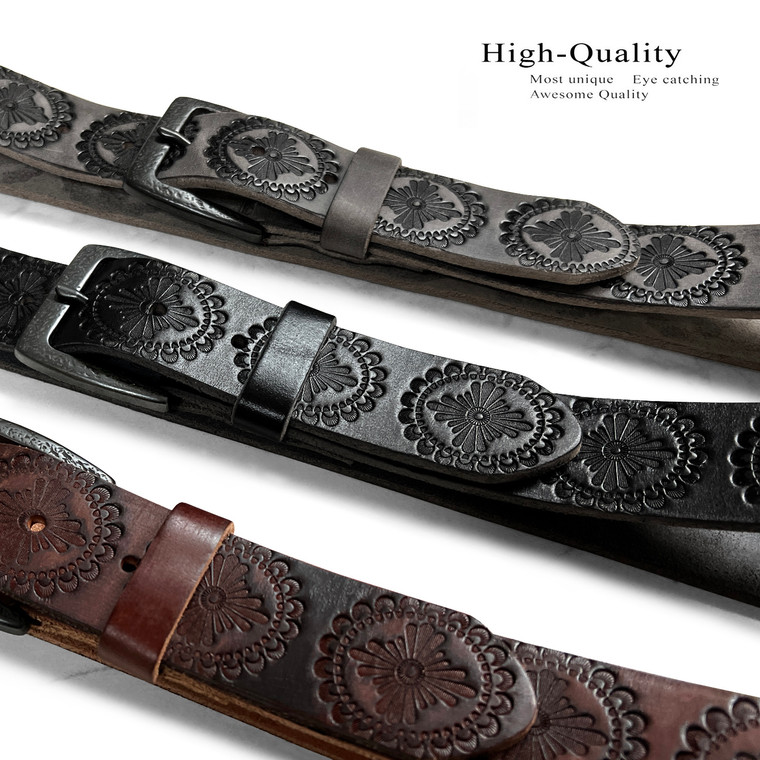 Antique Engraved Buckle Genuine Full Grain Embossed Leather Belt 1-1/2"(38mm) Wide
