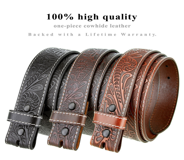 BS118 Genuine Full Grain Western Floral Engraved Tooled Leather Belt Strap with Snaps on 1-1/2"(38mm) Wide