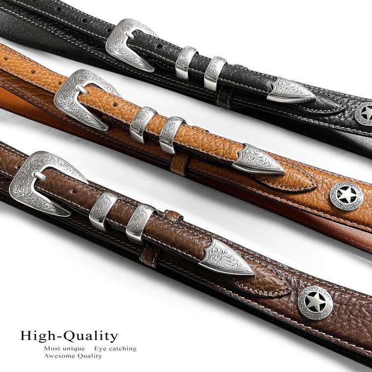 Western Silver Engraved Texas Star Conchos Belt Genuine Leather Ranger Belt