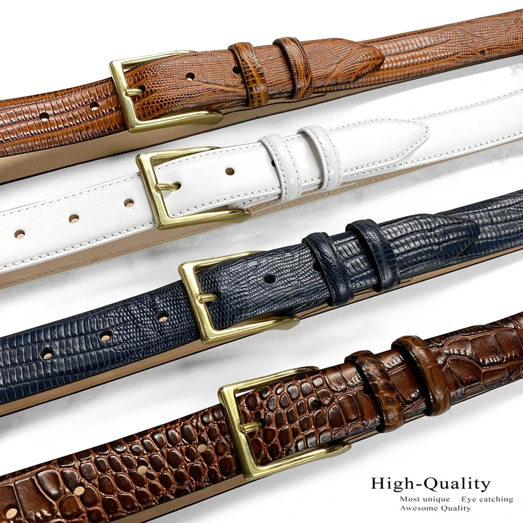 Gold Adam Solid Brass Buckle Genuine Full-Grain Cowhide Leather Dress Belt 1-1/8"(30mm) Wide